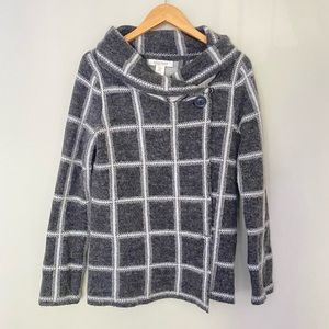 ELLEN TRACY Gray Grid Cowlneck Shawl Wool Sweater